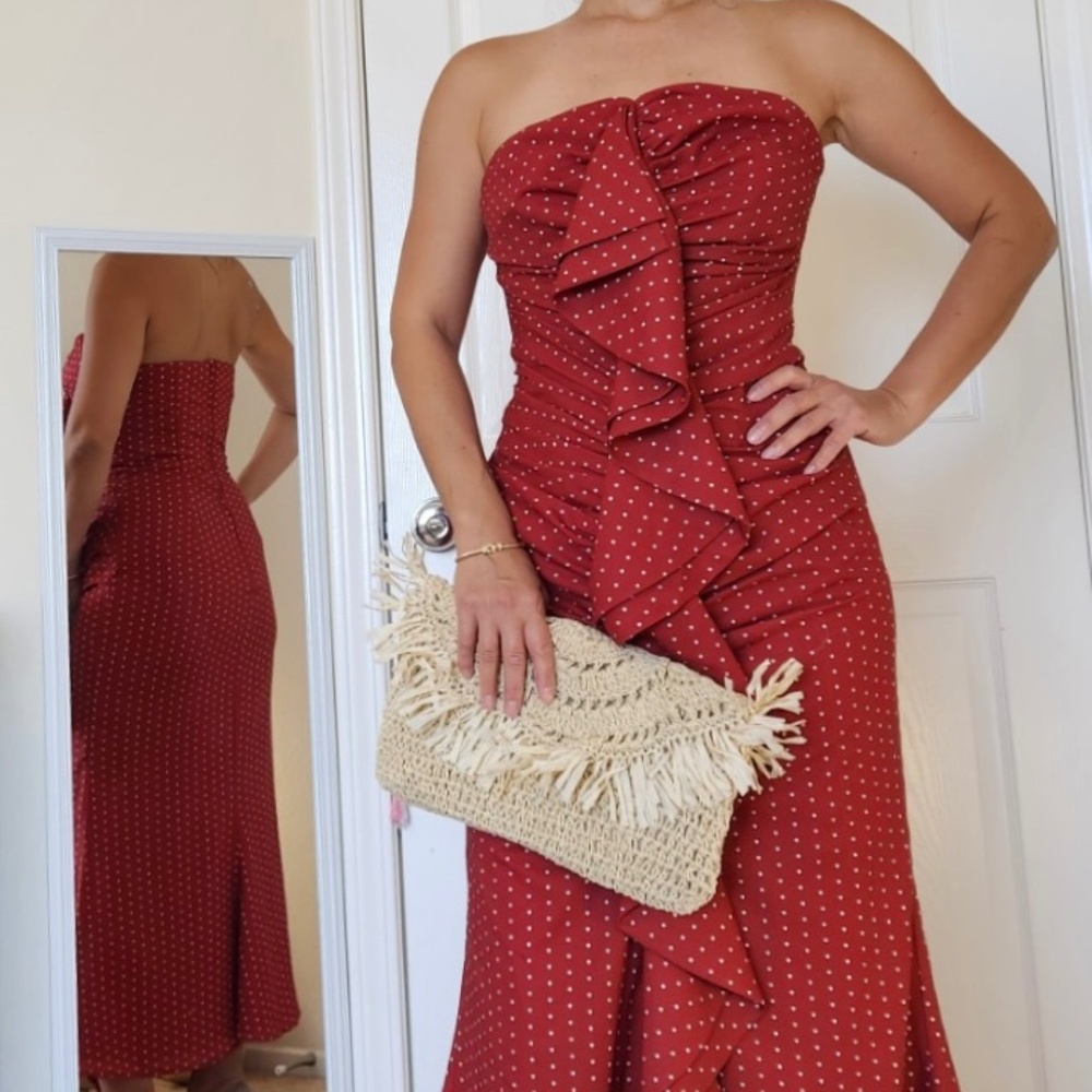 C/MEO COLLECTIVE Vices Midi Dress In Red Spot with Ruffles